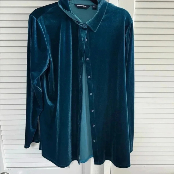 Lands End Holiday Velvet Teal Button Down - Women’s xl - Picture 4 of 4